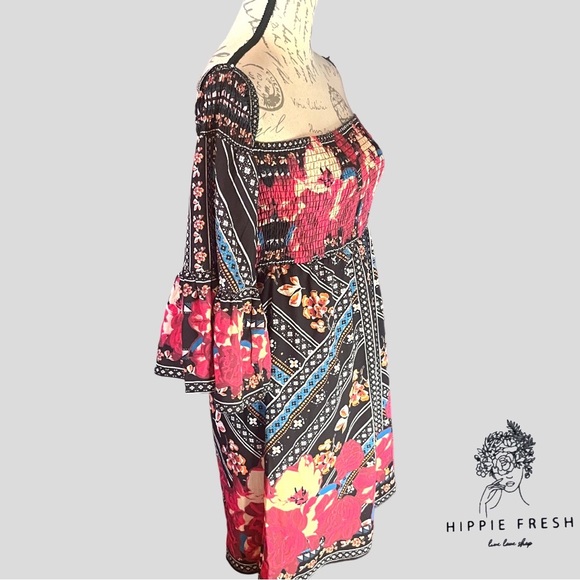 Flying Tomato Floral Off The Shoulders Smocked Bodice Mini Peasant Dress Size M - Picture 3 of 10